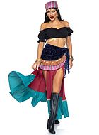 Gypsy princess, top and skirt costume, ruffle trim, high slit, off shoulder, coins